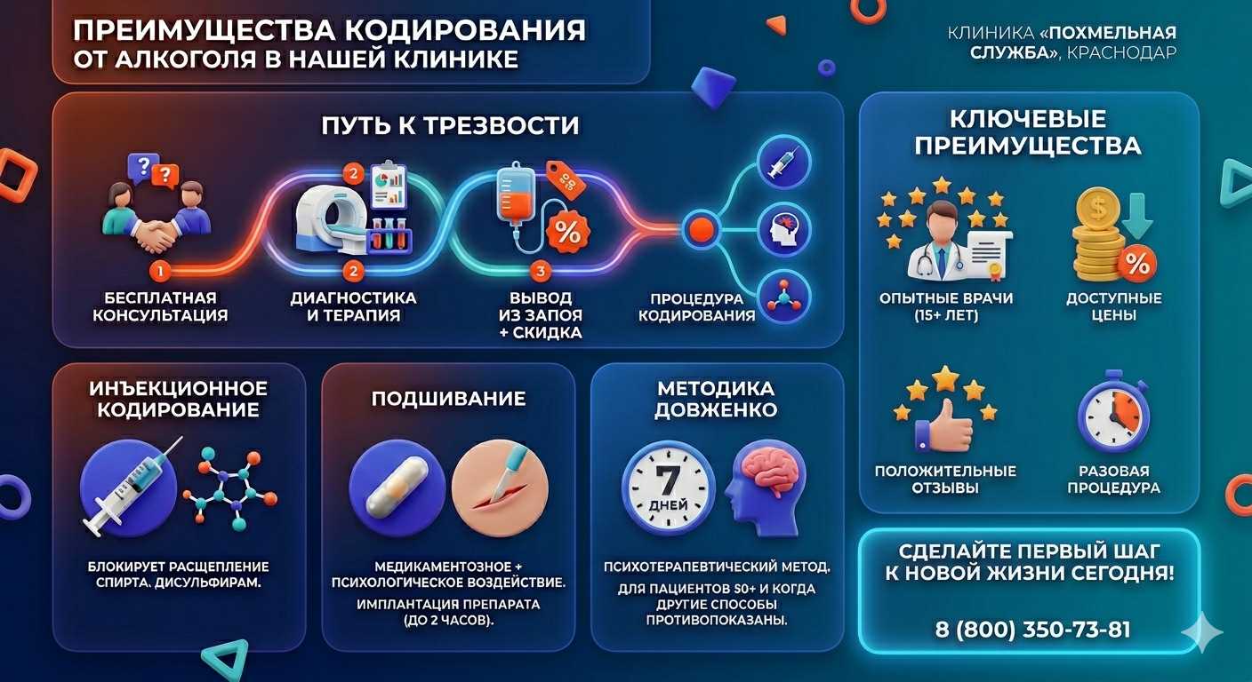 Инфографика о методах кодирования от алкоголя в Нововоронеже: инъекции, подшивание, метод Довженко. Преимущества клиники и этапы лечения.
