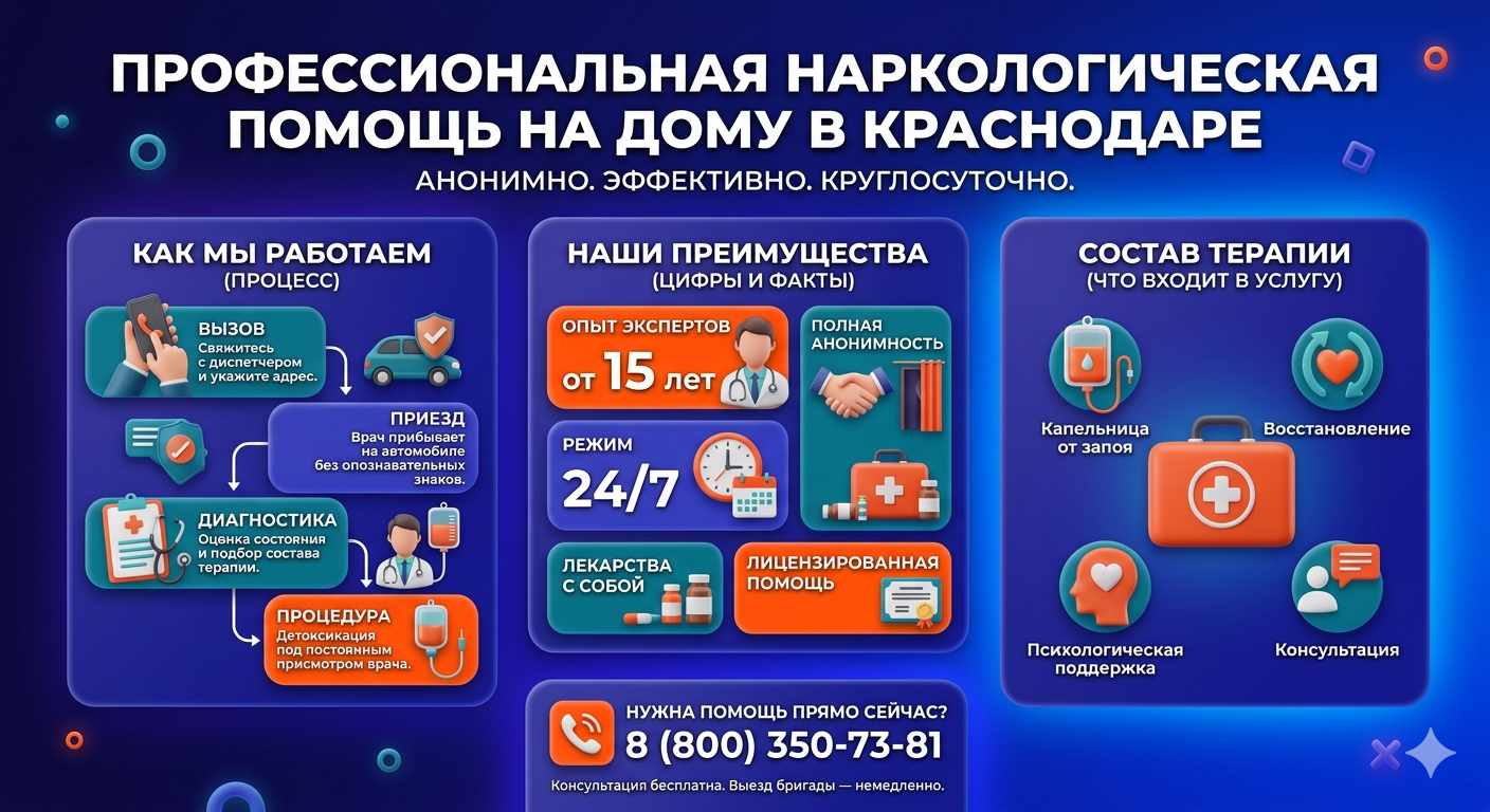 Инфографика о принципах лечения алкоголизма на дому в Нововоронеже: этапы вызова нарколога, преимущества анонимной детоксикации и состав медицинской помощи.